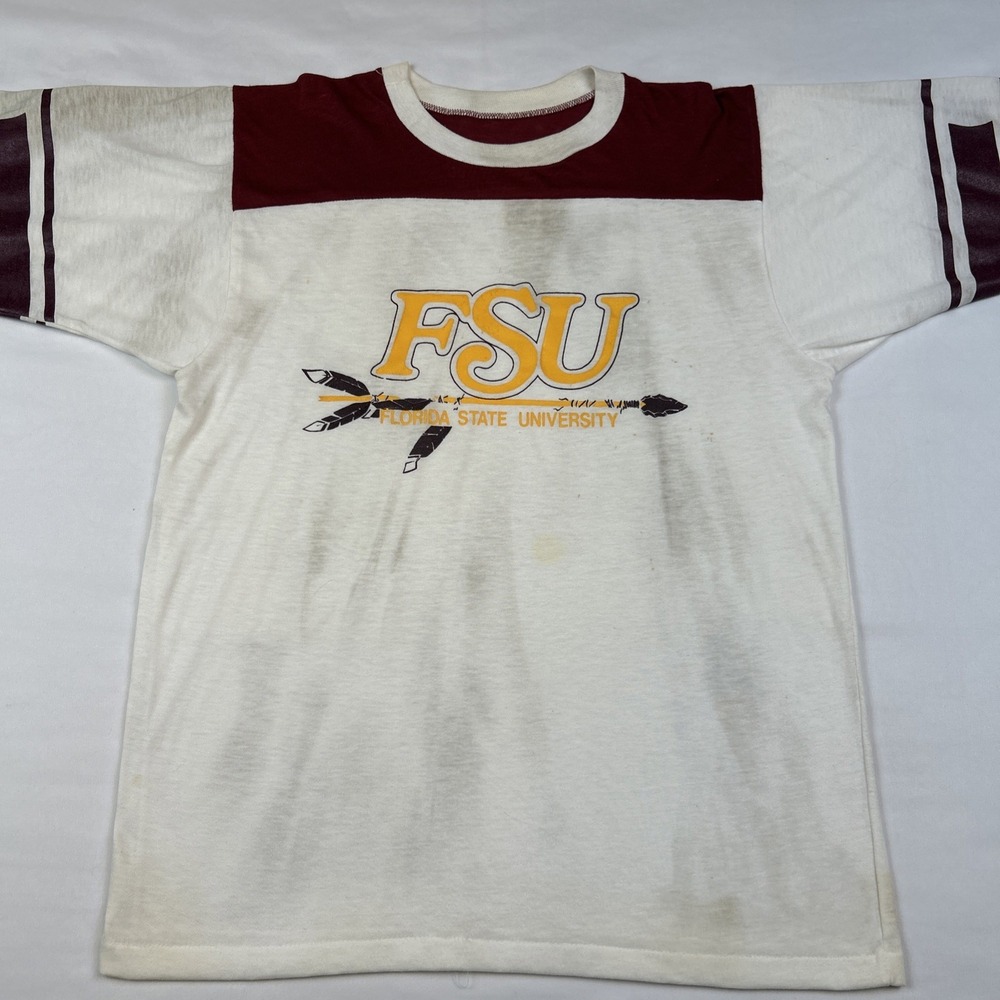 VTG 70s Dodger Sportswear Florida State Seminoles Graphic Ringer T-Shirt White